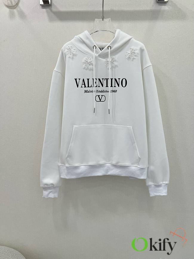 Okify Valentino three-dimensional flower beaded letter logo sweater hoodie - White - 1