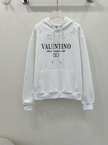 Okify Valentino three-dimensional flower beaded letter logo sweater hoodie - White