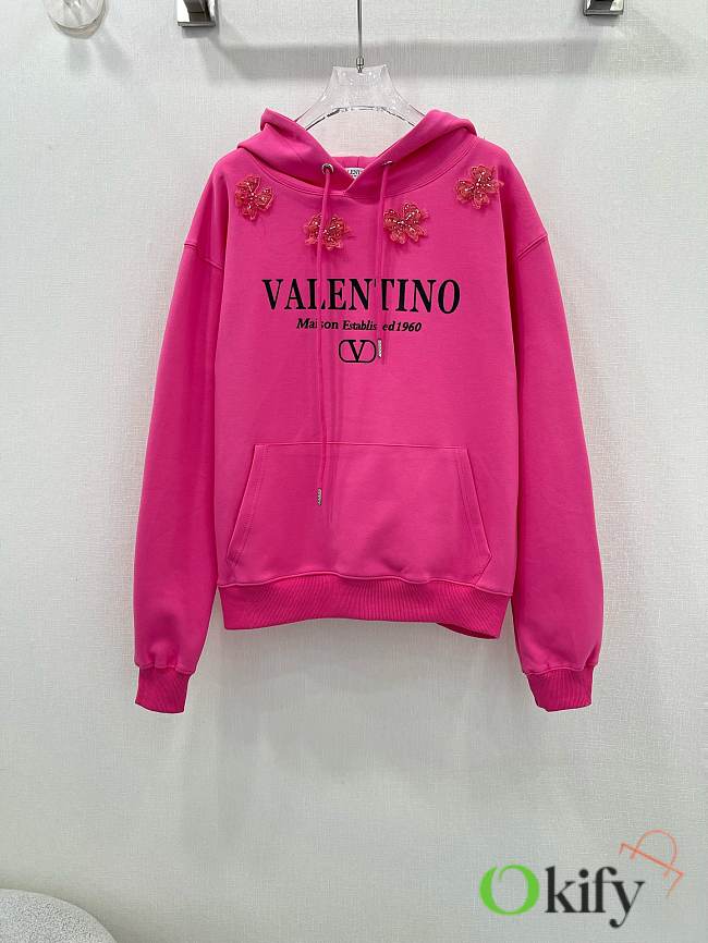 Okify Valentino three-dimensional flower beaded letter logo sweater hoodie - Pink - 1