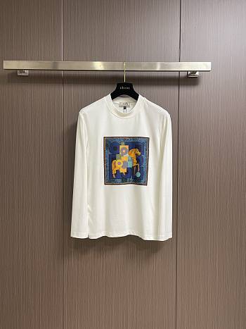 Okify Hermes brand scarf logo chest logo round neck long-sleeved T-shirt M-2XL-White 17285