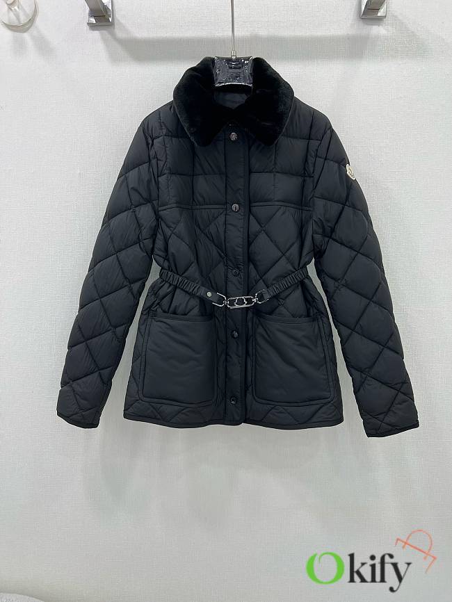 Okify Moncler CYGNE belt detachable fur collar white goose down jacket SML Black - 1