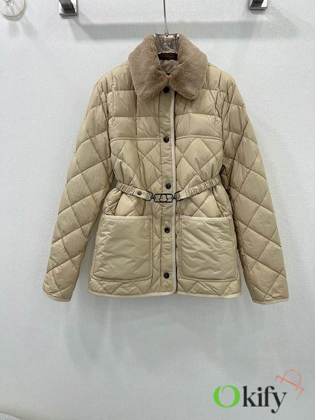 Okify Moncler CYGNE belt detachable fur collar white goose down jacket SML Beige - 1