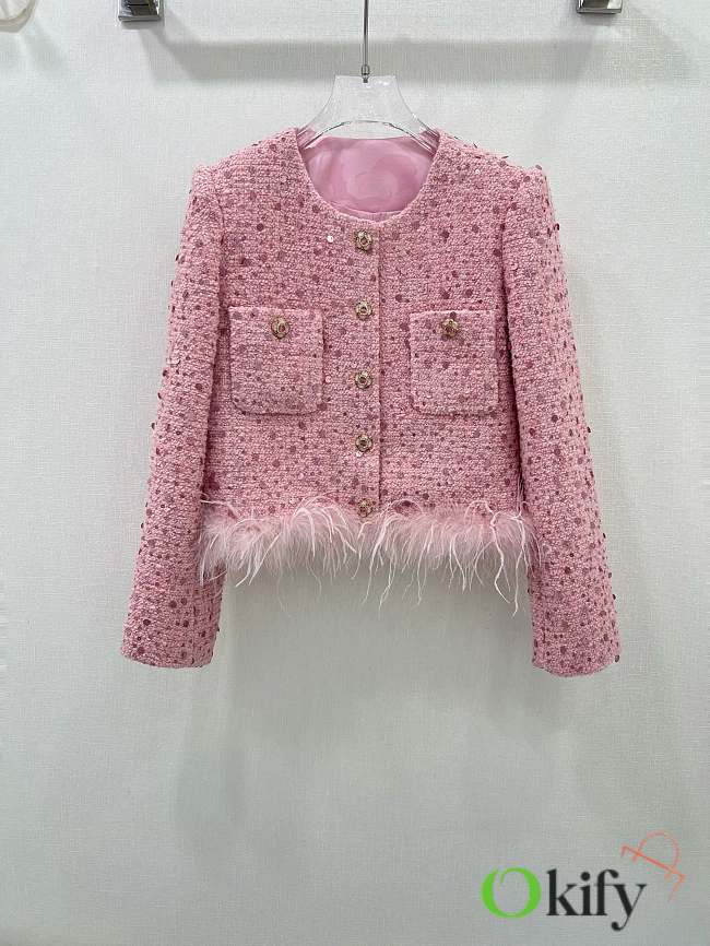 Okify Chanel Ostrich Feathers Hem Jacket Pink SML - 1