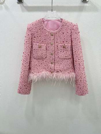 Okify Chanel Ostrich Feathers Hem Jacket Pink SML