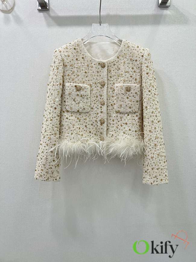 Okify Chanel Ostrich Feathers Hem Jacket White SML - 1