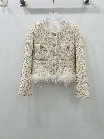 Okify Chanel Ostrich Feathers Hem Jacket White SML