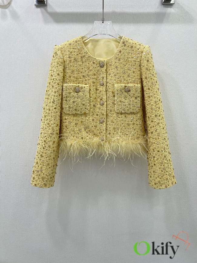 Okify Chanel Ostrich Feathers Hem Jacket Yellow SML - 1