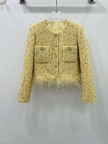 Okify Chanel Ostrich Feathers Hem Jacket Yellow SML