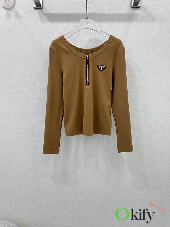 Okify Prada triangle logo middle zipper long sleeves SML - Brown - 1