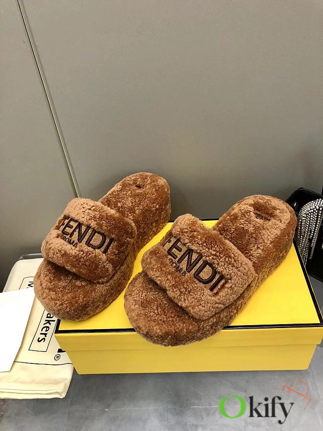 Okify Fendi embroidered logo wool slippers 35-41 - Brown - 1