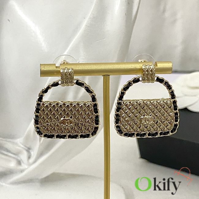 Okify Chanel black and gold leather chain bag earrings 17360 - 1