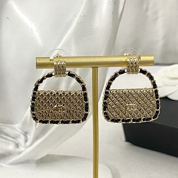 Okify Chanel black and gold leather chain bag earrings 17360