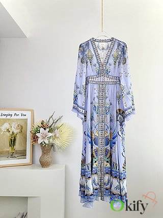 Okify Camilla silk printed V-neck long dress XS-L - 1