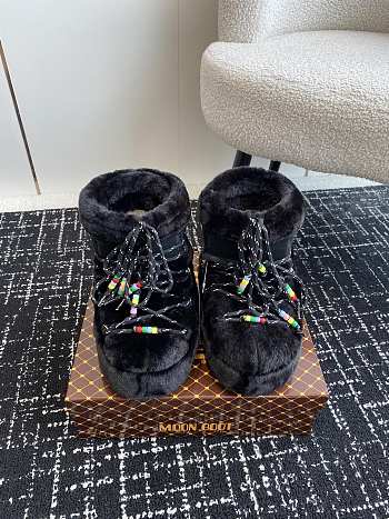 Okify Moon Boot Icon Black Faux-Fur Beads Short Boots 35-41