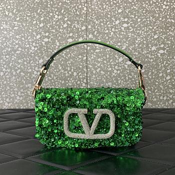 Okify Valentino Garavani Mini Loco Embroidered Handbag With Swarovski Crystal in Green 19x10.5x5cm