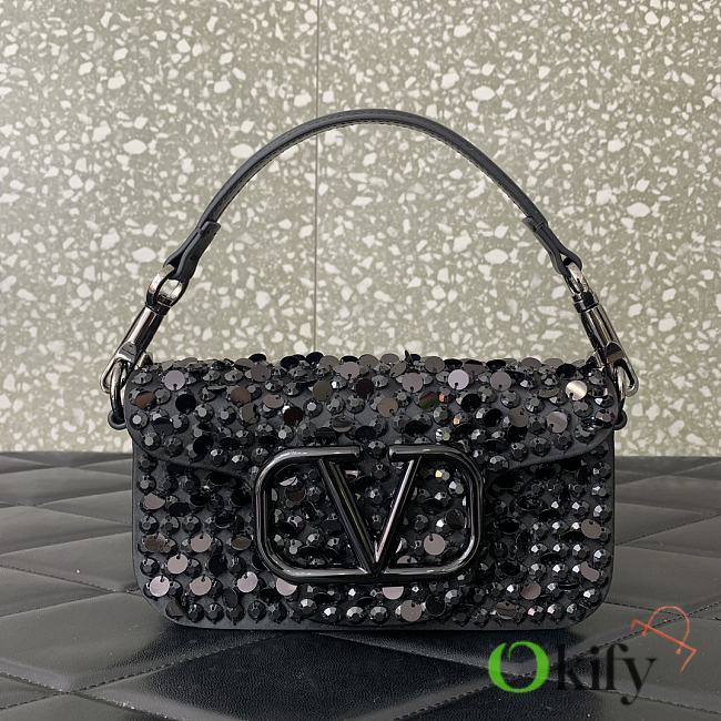 Okify Valentino Garavani Mini Loco Embroidered Handbag With Swarovski Crystal in Black 19x10.5x5cm - 1