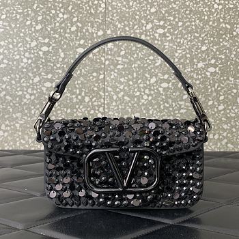 Okify Valentino Garavani Mini Loco Embroidered Handbag With Swarovski Crystal in Black 19x10.5x5cm