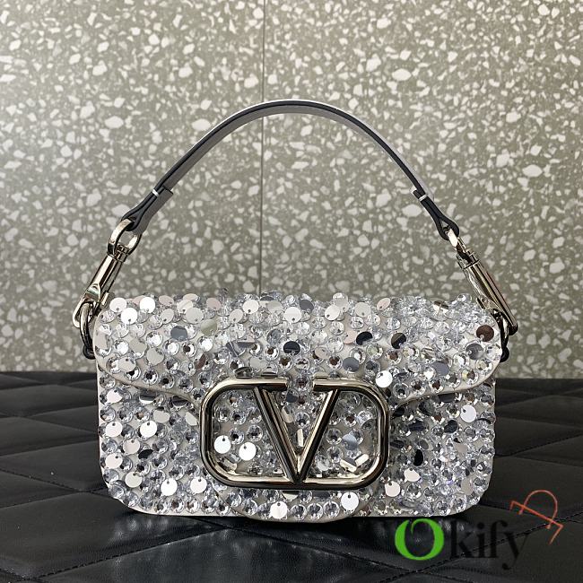 Okify Valentino Garavani Mini Loco Embroidered Handbag With Swarovski Crystal in Silver 19x10.5x5cm - 1