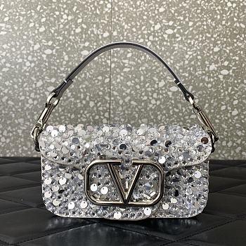 Okify Valentino Garavani Mini Loco Embroidered Handbag With Swarovski Crystal in Silver 19x10.5x5cm