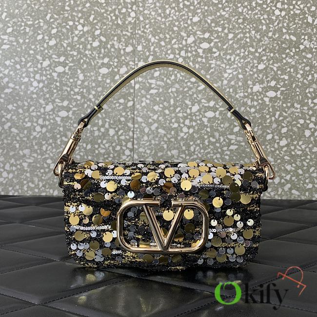 Okify Valentino Garavani Mini Loco Embroidered Handbag With Swarovski Crystal in Gold 19x10.5x5cm - 1