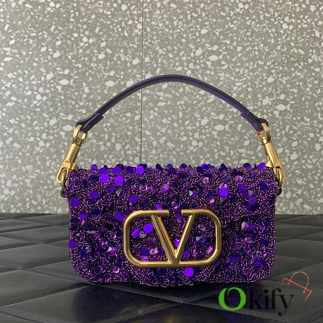 Okify Valentino Garavani Mini Loco Embroidered Handbag With Swarovski Crystal in Purple 19x10.5x5cm - 1