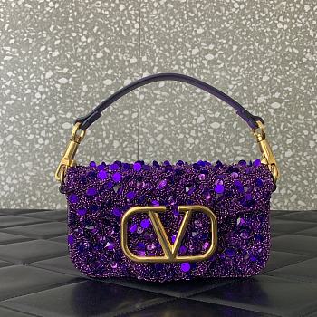 Okify Valentino Garavani Mini Loco Embroidered Handbag With Swarovski Crystal in Purple 19x10.5x5cm