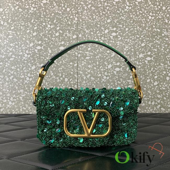 Okify Valentino Garavani Mini Loco Embroidered Handbag With Swarovski Crystal in Dark Green 19x10.5x5cm - 1