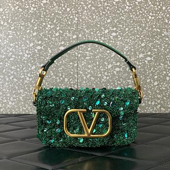 Okify Valentino Garavani Mini Loco Embroidered Handbag With Swarovski Crystal in Dark Green 19x10.5x5cm