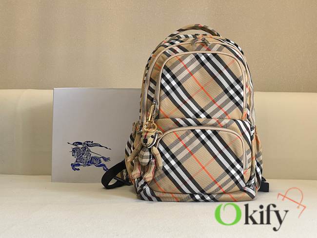 Okify Burberry Check Nylon Backpack in sand color 31x16x46cm - 1