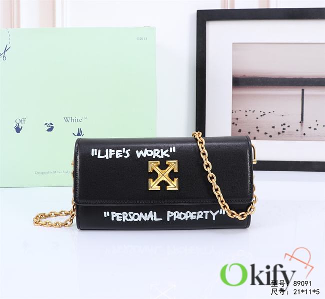 Okify Off White Jitney Wallet On Chain Quote In Black With Gold Buckle 21x11x5cm - 1