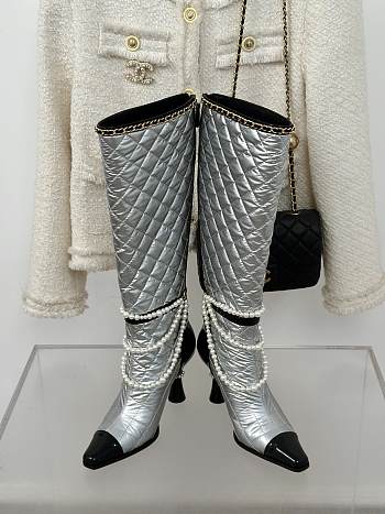 Okify Chanel Pearl Chain Silver High Heel 8cm High Boots 35-39