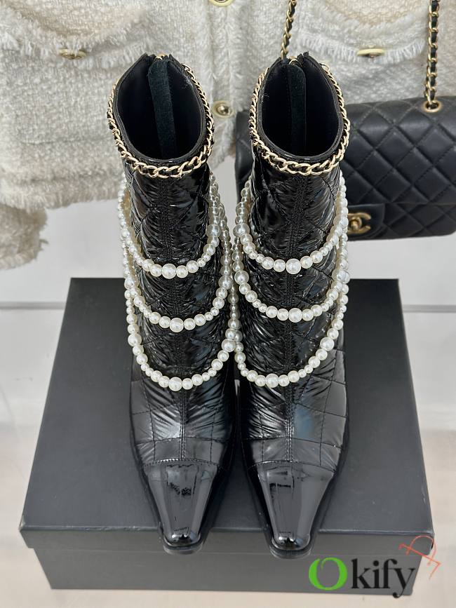 Okify Chanel Pearl Chain Black High Heel 8cm Short Boots 35-39 - 1