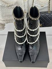 Okify Chanel Pearl Chain Black High Heel 8cm Short Boots 35-39 - 1