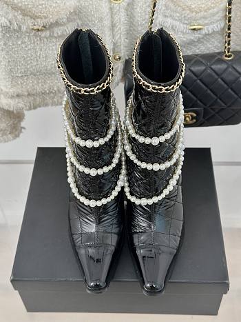 Okify Chanel Pearl Chain Black High Heel 8cm Short Boots 35-39