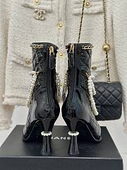 Okify Chanel Pearl Chain Black High Heel 8cm Short Boots 35-39 - 4