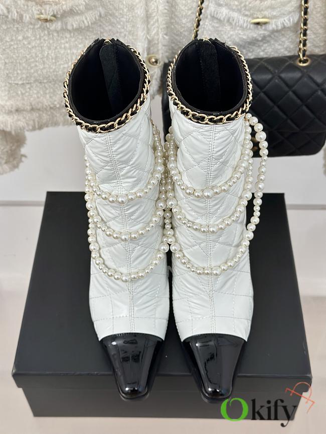 Okify Chanel Pearl Chain White High Heel 8cm Short Boots 35-39 17855 - 1