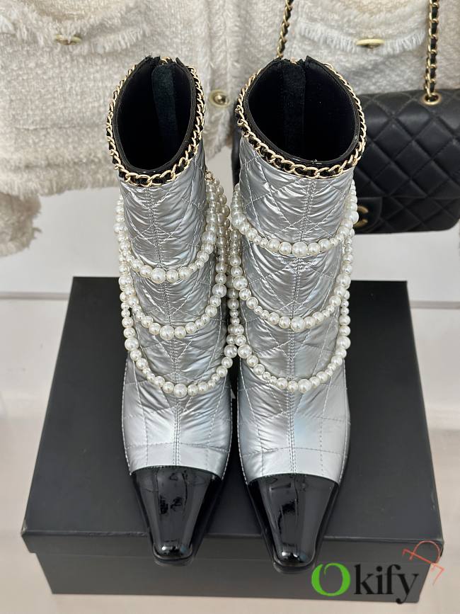 Okify Chanel Pearl Chain Silver High Heel 8cm Short Boots 35-39 - 1