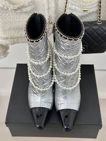 Okify Chanel Pearl Chain Silver High Heel 8cm Short Boots 35-39