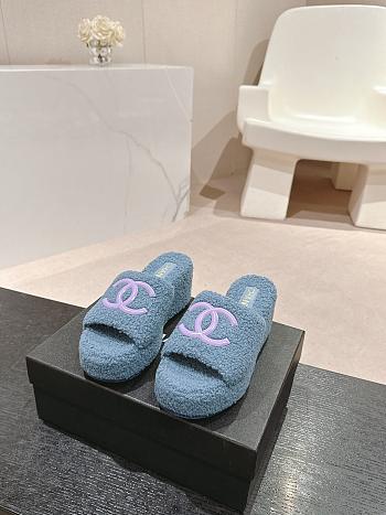 Okify Chanel Blue Fur Slippers 34-42