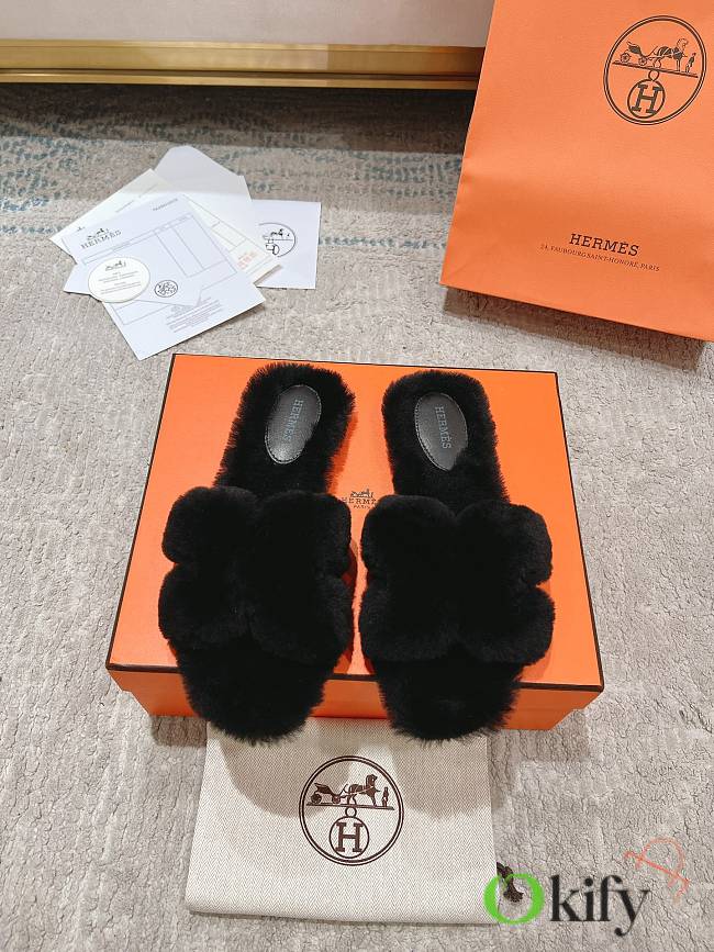 Okify Hermes Oran Black Wool Slippers 35-42 - 1