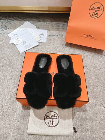 Okify Hermes Oran Black Wool Slippers 35-42