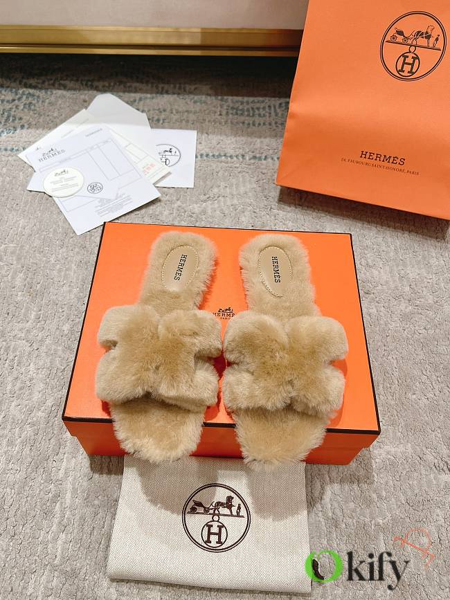 Okify Hermes Oran Light Brown Wool Slippers 35-42 - 1