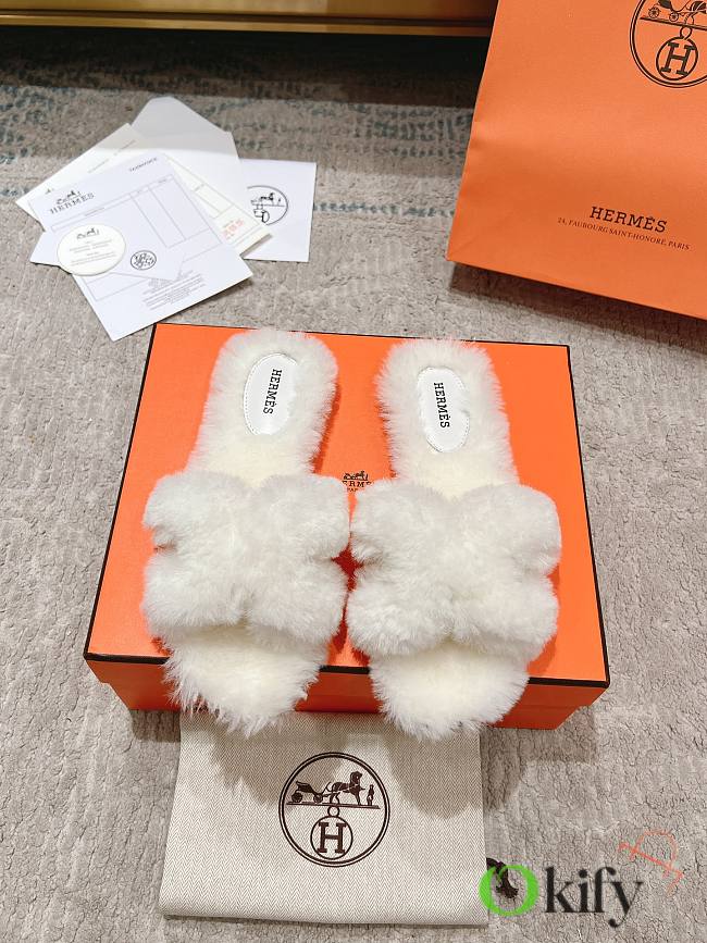 Okify Hermes Oran White Wool Slippers 35-42 - 1