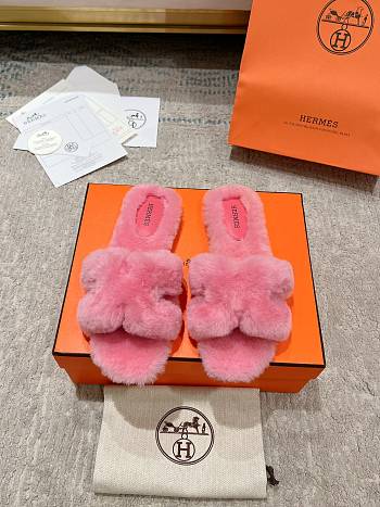 Okify Hermes Oran Pink Wool Slippers 35-42