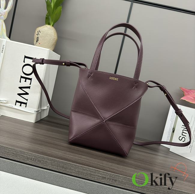 Okify Loewe Mini Puzzle Fold Tote Bag in Shiny Calfskin Dark Burgundy 16.5x9.5x20cm - 1