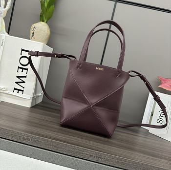 Okify Loewe Mini Puzzle Fold Tote Bag in Shiny Calfskin Dark Burgundy 16.5x9.5x20cm