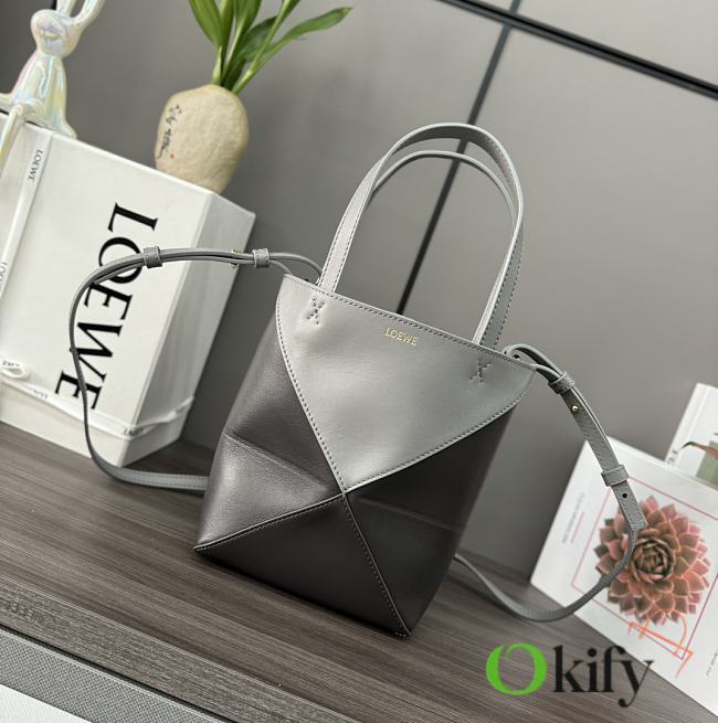 Okify Loewe Mini Puzzle Fold Tote Bag in Shiny Calfskin Pearl Grey/Dark Grey 16.5x9.5x20cm - 1