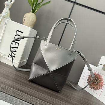 Okify Loewe Mini Puzzle Fold Tote Bag in Shiny Calfskin Pearl Grey/Dark Grey 16.5x9.5x20cm