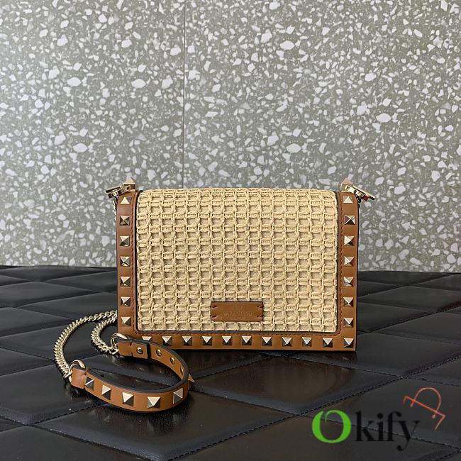 Okify Valentino Garavani Rockstud Small Raffia And Leather Crossbody Bag 18.5x12x4cm - 1