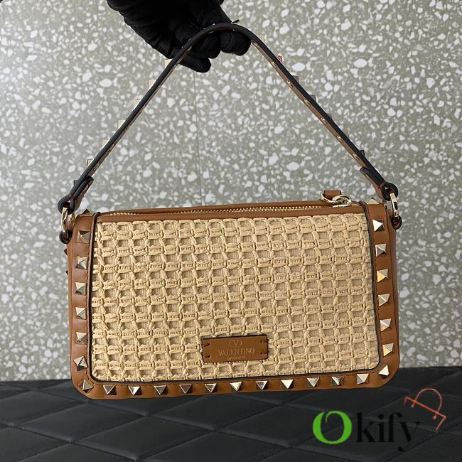 Okify Valentino Rockstud Small raffia and leather crossbody bag 19x13x7cm - 1